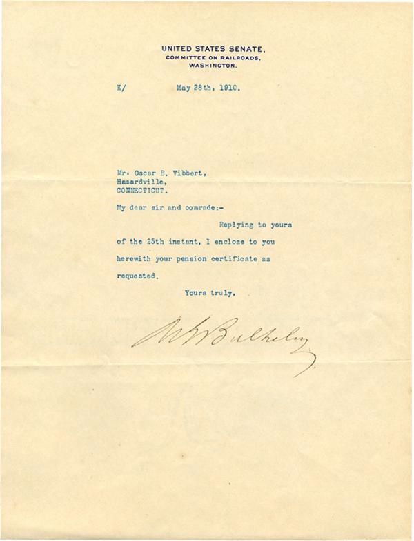 Baseball Autographs - 1910 Morgan Bulkeley Signed Letter