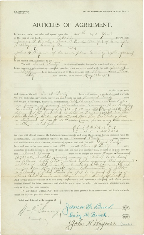 - 1917 Honus Wagner Signed Agreement For the Purchase of the Land on Which He Built His Home