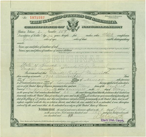 The Dr. James Naismith Collection - 1925 James Naismith Signed Naturalization Certificate