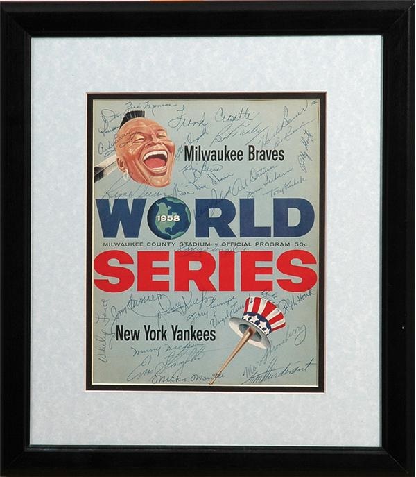 Baseball Autographs - 1958 World Series Program Cover Signed By the New York Yankees 
with Mickey Mantle
