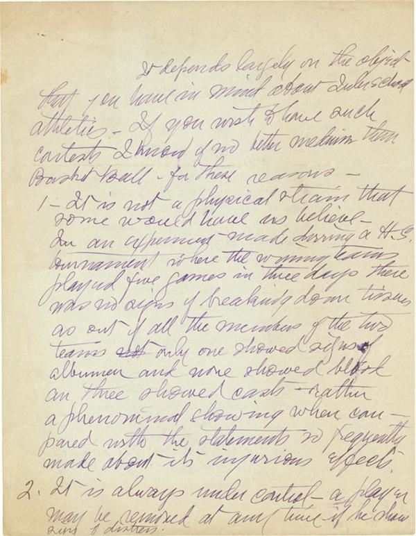 - 1929 James Naismith Handwritten Response to a Letter with Basketball Content