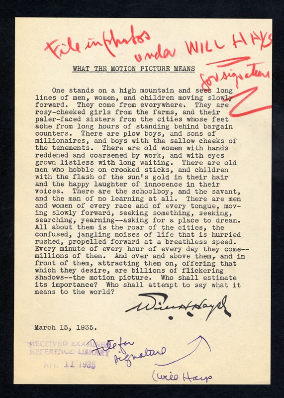 Hollywood Babylon - Important Will Hays Letter on Hollywood (1935)