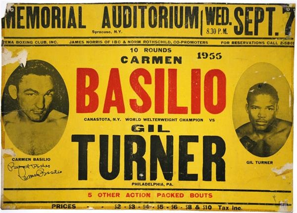 - 1955 Carmen Basillio vs. Gil Turner On Site Fight Poster and 1957 Saxton-Basilio Sports Illustrated Cover Lot
