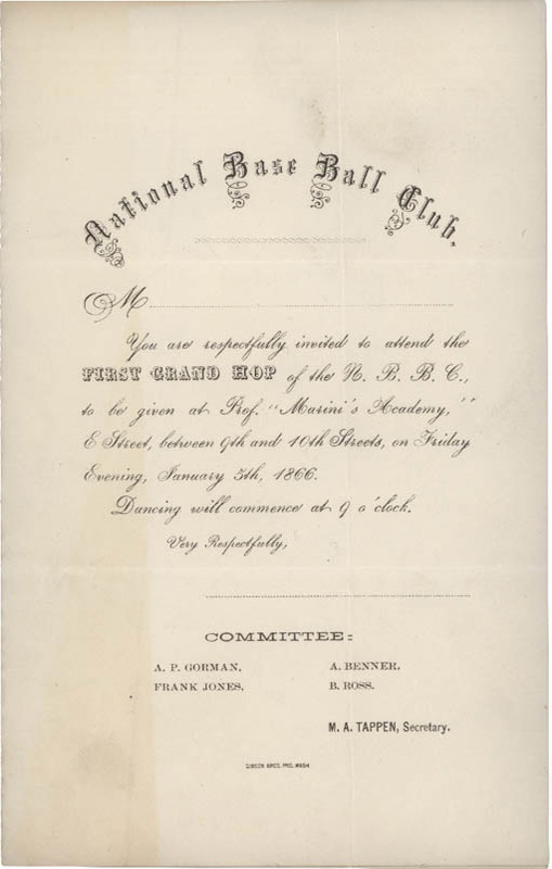 19th Century Baseball - 1866 Washington National Base Ball Club Invitation
