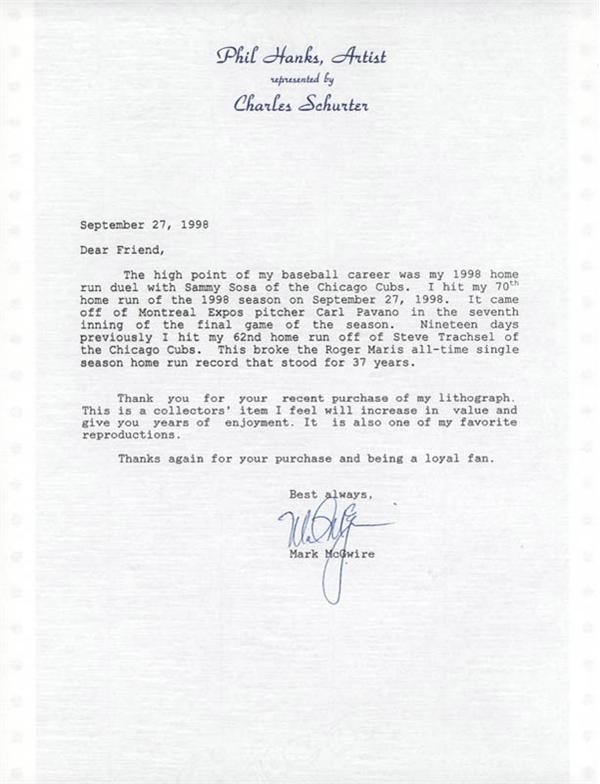 Baseball Autographs - Mark McGwire 70th Home Run Signed Typed Letter