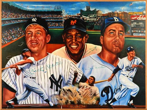 Baseball Autographs - Mickey Mantle,  Willie Mays and Duke Snider Signed Poster