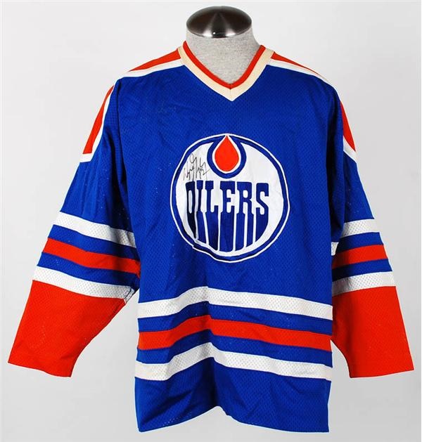 Hockey Equipment - 1980-81 Pete LoPresti Edmonton Oilers Game Worn Jersey with Vintage Wayne Gretzky Signatures