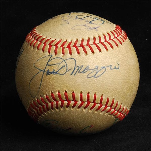 Baseball Autographs - 1973 NY Yankees Old Timers Signed Baseball w/ Joe Dimaggio.