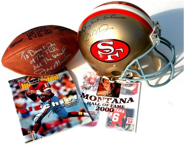 Football - (4) Joe Montana Signed 49ers Football Item Lot with COA