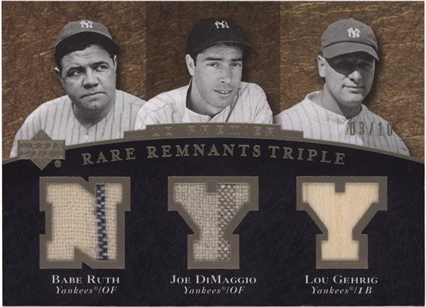 - Upper Deck Rare Remnants Triple Number 3 of 10 Babe Ruth, Joe DiMaggio and Lou Gehrig