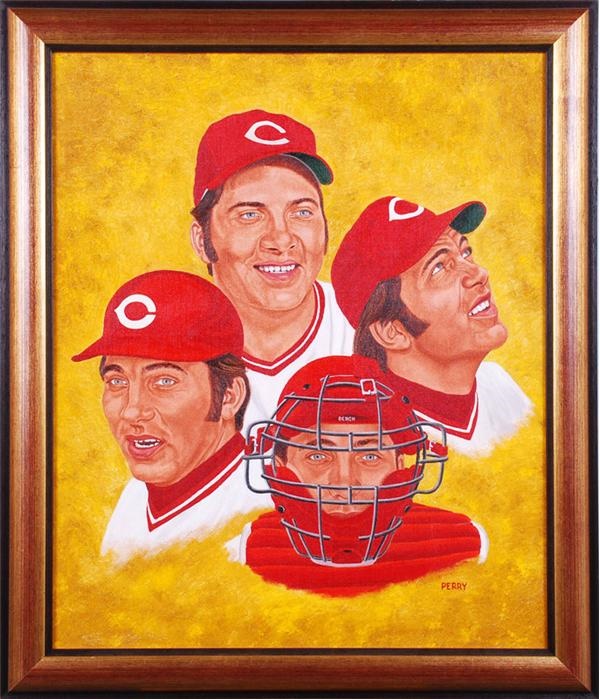 Joseph Scudese Collection - 1976 Cincinnati Reds Johnny Bench Original Baseball Art for Sporting News