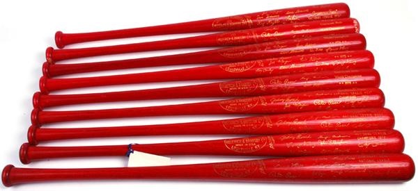 Joseph Scudese Collection - (9) 1970's Cincinnati Reds Championship Red Baseball Bat Lot