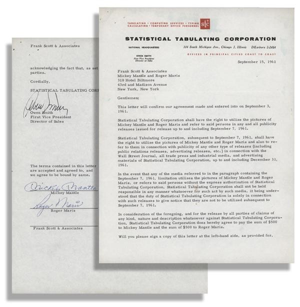 - 1961 Mickey Mantle & Roger Maris Signed Baseball Endorsement Agreement