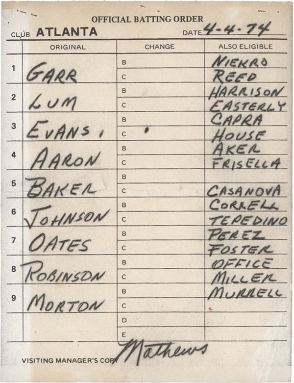 Ernie Davis - Official Line Up Cards From Hank Aaron's 714th Homerun (2)