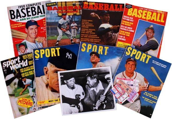 - Baseball Memorabilia Collection with World Series Ticket Stubs,1947 Babe Ruth Photo & 1950s-1970s Baseball Magazines (12)