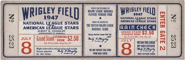 Ernie Davis - 1947 Baseball All-Star Game Full Ticket at Wrigley Field