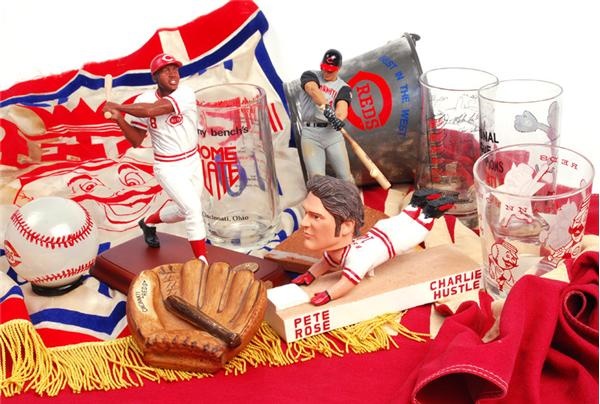 Joseph Scudese Collection - Cincinnati Reds Glasses, Bowls, Plates, Statues, Flags, and Ashtrays