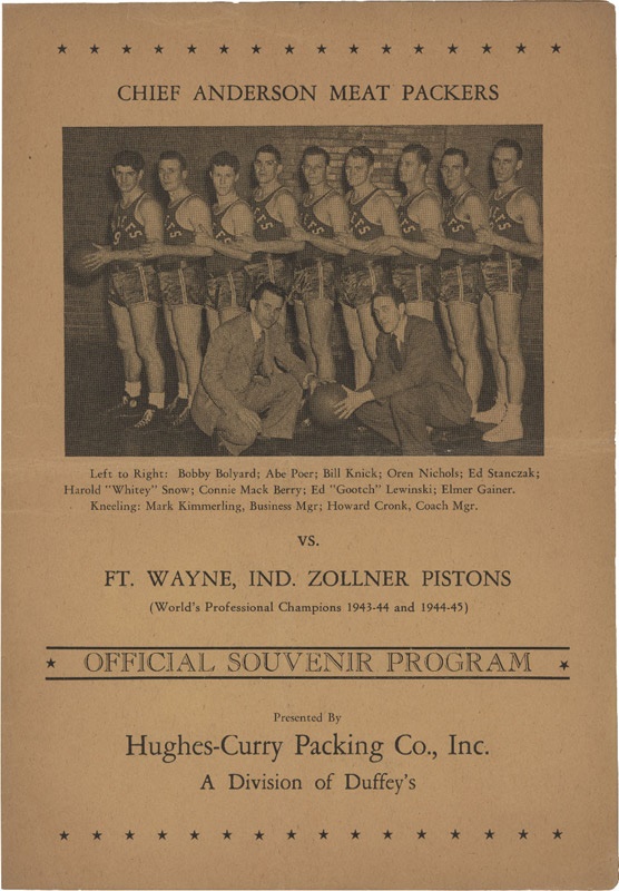 Basketball - 1945 Anderson Meat Packers vs Ft Wayne Pistons Basketball Program