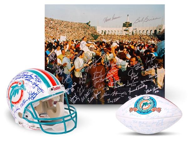 - 1972 Miami Dolphin Signed Football Collection Helmet, Football and Photo