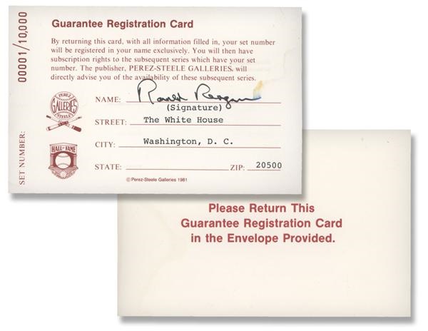 Baseball Autographs - Ronald Reagan Signed Perez Steele Registeration Card 00001/10,000