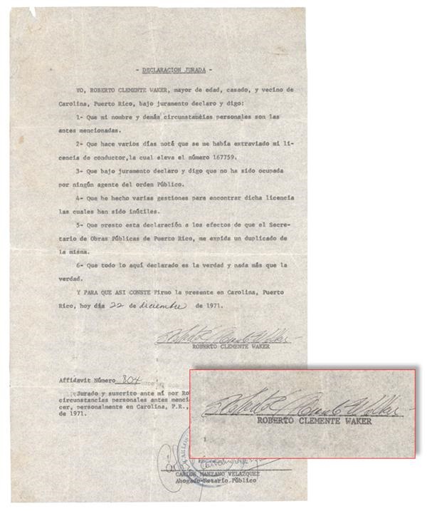 The Yuyo Ruiz Collection - 1971 Roberto Clemente Walker Signed Document