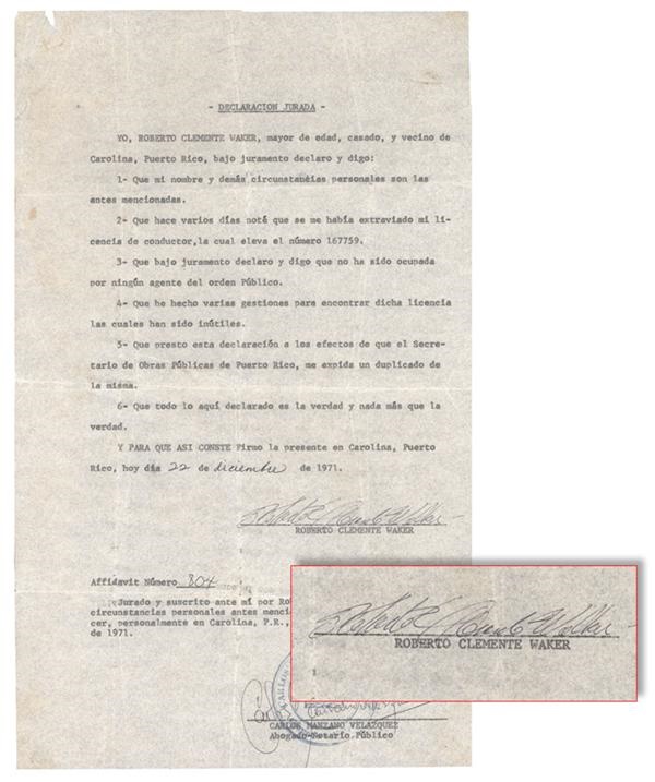 1971 Roberto Clemente Walker Signed Document