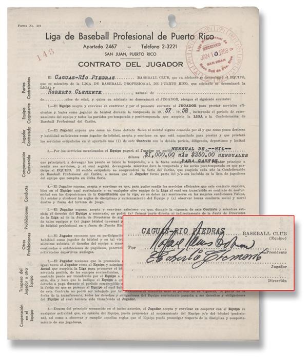 The Yuyo Ruiz Collection - 1957-58 Roberto Clemente Signed Player's Contract