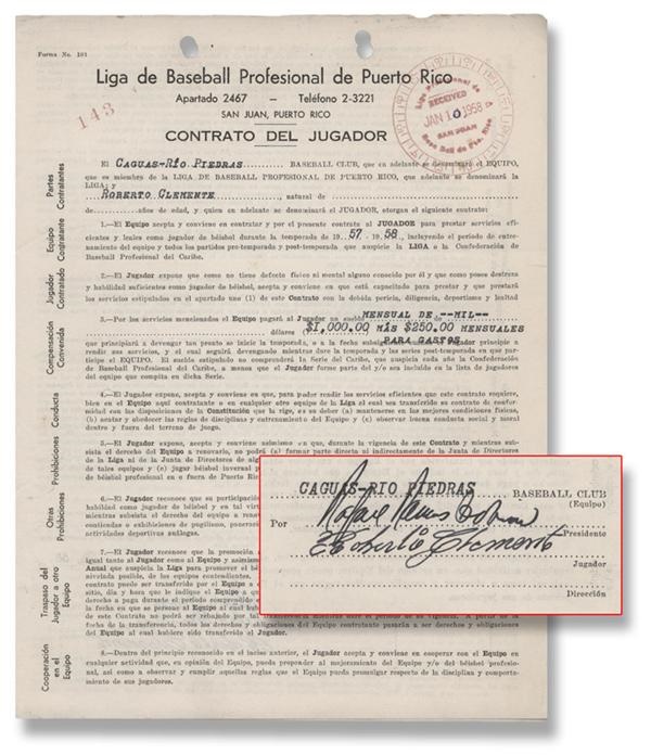 1957-58 Roberto Clemente Signed Player's Contract