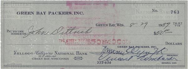 Autographs Football - Vince Lombardi Signed Check (1959)