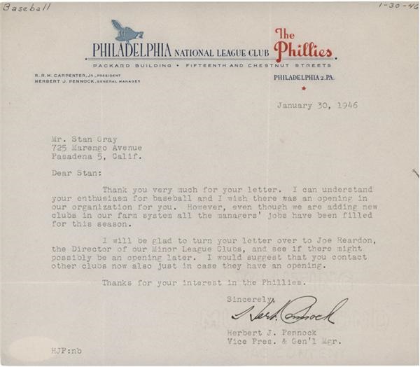 - Hall of Famer Herb Pennock Signed Letter