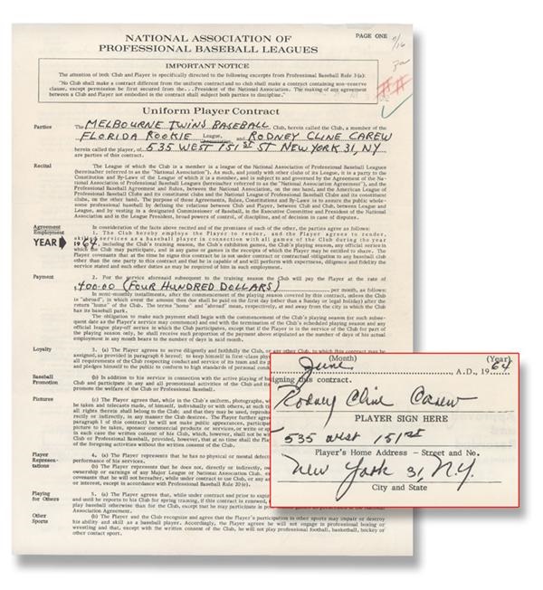 Baseball Autographs - 1964 Rod Carew Florida League Signed Contract