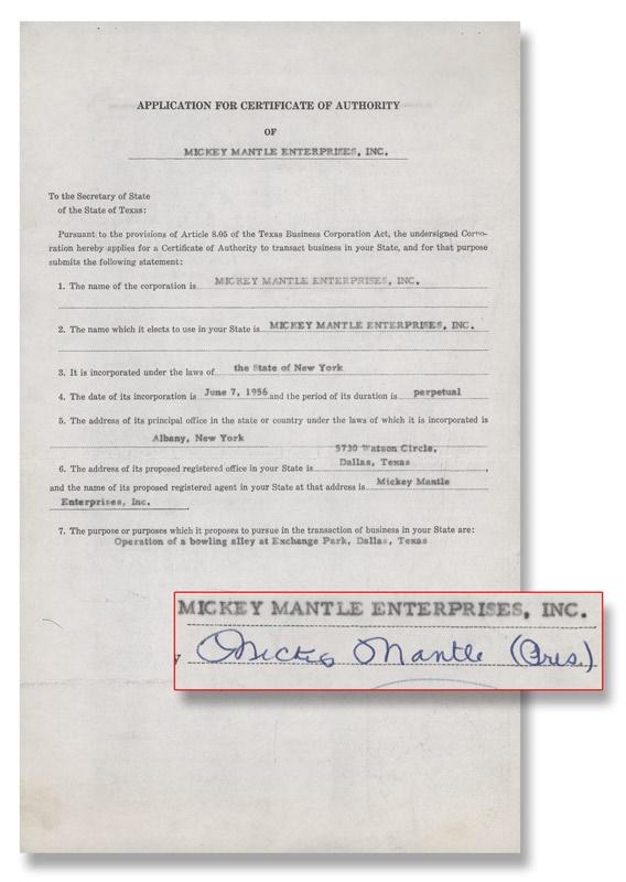 Baseball Autographs - Mickey Mantle Signed <i>Mickey Mantle Enterprises </i>Legal Document (1959)