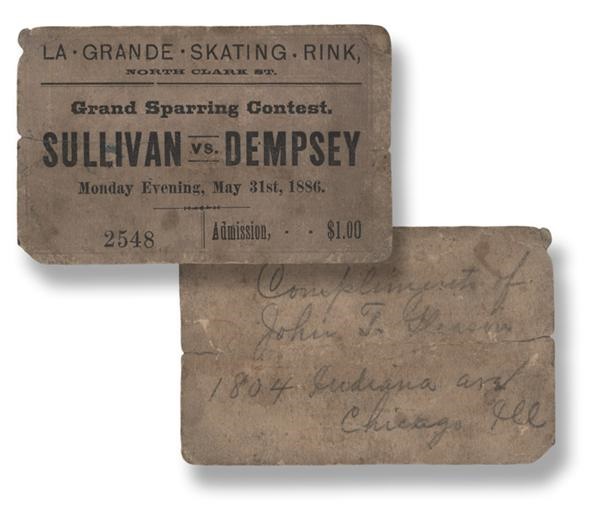 1886 John L. Sullivan vs. Jack Dempsey (Nonpareil) Ticket-The Earliest Known Sullivan Ticket