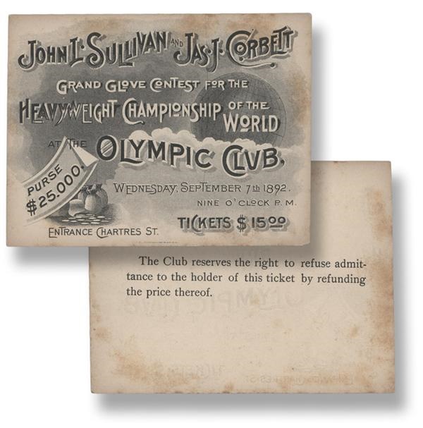 - 1892 John L. Sullivan vs. James J. Corbett Full Ticket