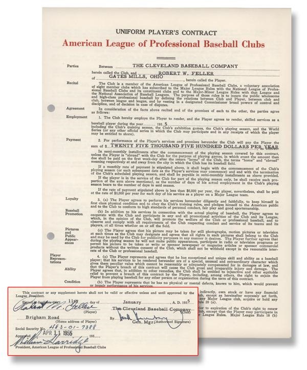 - 1955 Bob Feller Cleveland Indians Signed Player's Contract