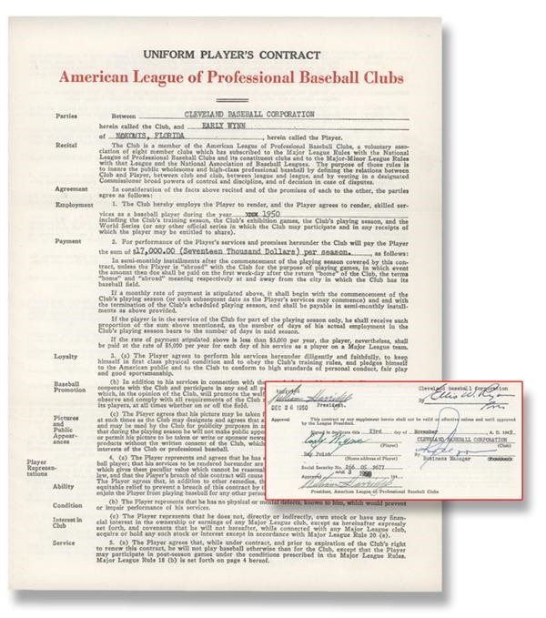 1950 Early Wynn Cleveland Indians Signed Player's Contract