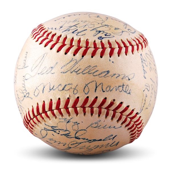 Baseball Autographs - 1956 American League All Stars Team Signed Baseball with Mantle and Williams on the Sweet Spot (PSA 7.5-NM+)
