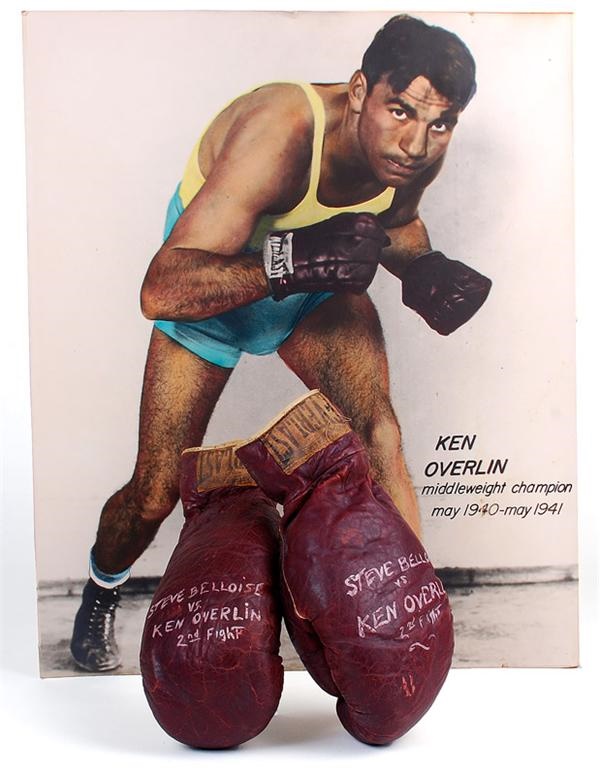 - 1940 Steve Belloise vs. Ken Overlin II Fight Worn Gloves and Display Photograph