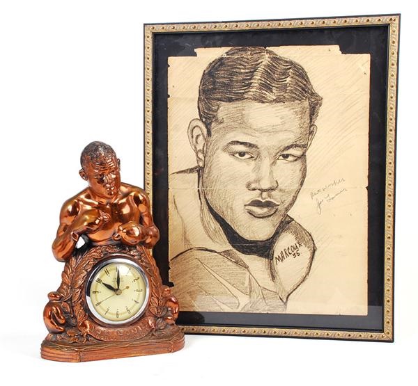 Muhammad Ali & Boxing - Joe Louis Clock &amp; Autographed Charcoal Drawing