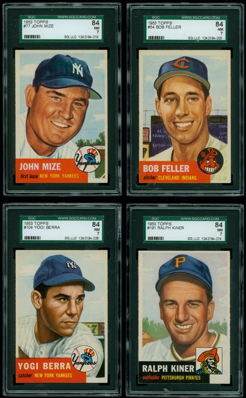 1953 Topps Baseball Cards Berra, Kiner, Feller, Mize All SGC NM 7 (4)