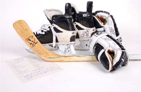 Hockey Equipment - Cam Neely Boston Bruins Game Used Skates, Gloves, & Stick with a Scouting Report