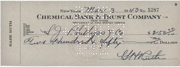 Babe Ruth - Babe Ruth Signed Check (1943)