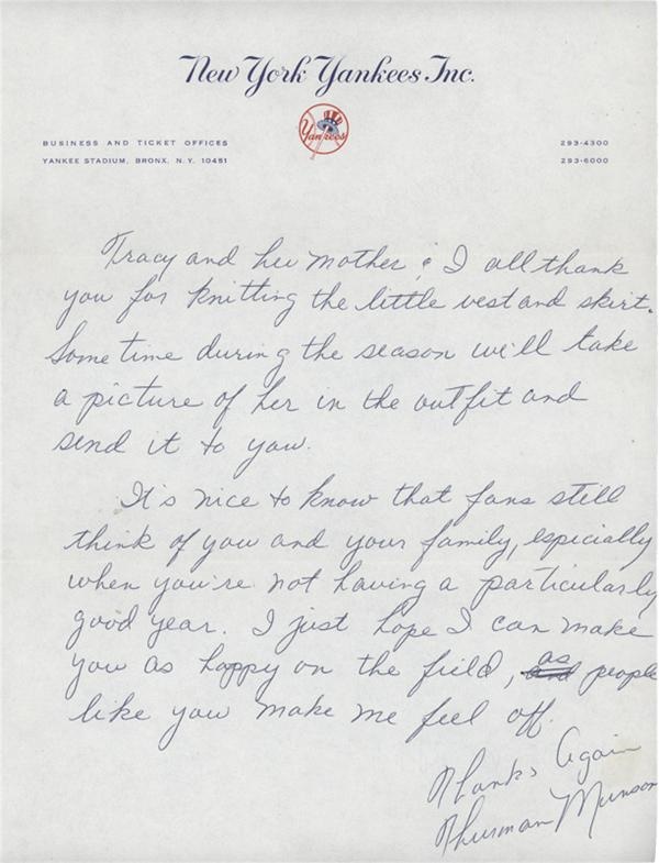 Baseball Autographs - Thurman Munson Hand Written and Signed Letter