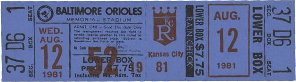 Baseball Memorabilia - Cal Ripken Jr. 1st Major League Base Hit Full Ticket (1981)