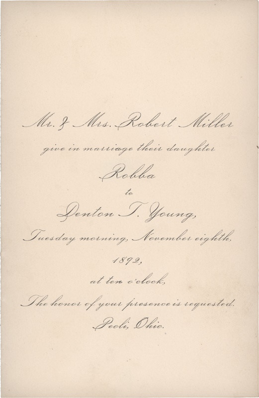 Baseball Memorabilia - Cy Young Wedding Invitation (1892)