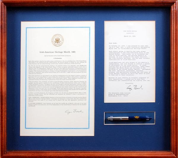 - 1991 President George Bush Ceremonial Pen Display with Signed Letter