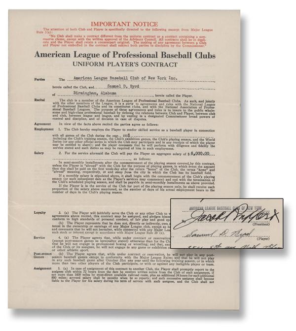 Autographs Baseball - 1933 Sam Byrd New York Yankees Player Contract