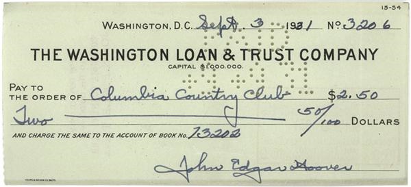 Rock And Pop Culture - John Edgar Hoover Signed Check with Rare Full Name