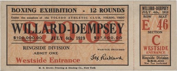 Memorabilia Boxing - 1919 Jess Willard vs Jack Dempsey Boxing Full Ticket