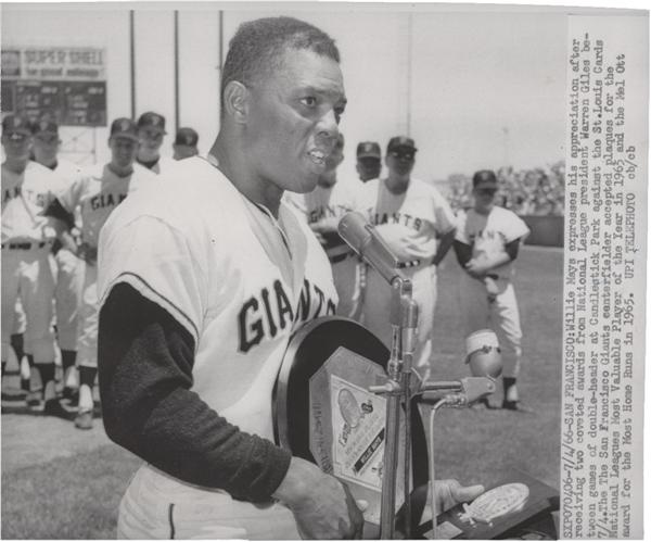 Memorabilia Baseball Photographs - Singles - Willie Mays Holds MVP Plaque (1965)